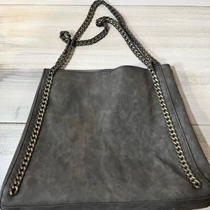 Shoulder Bag  Faux Suede Charcoal Gray with Chain Braided Straps and Details